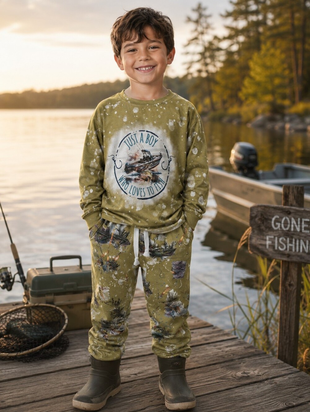 Just A Boy Who Loves To Fish Jogger Set NWOT